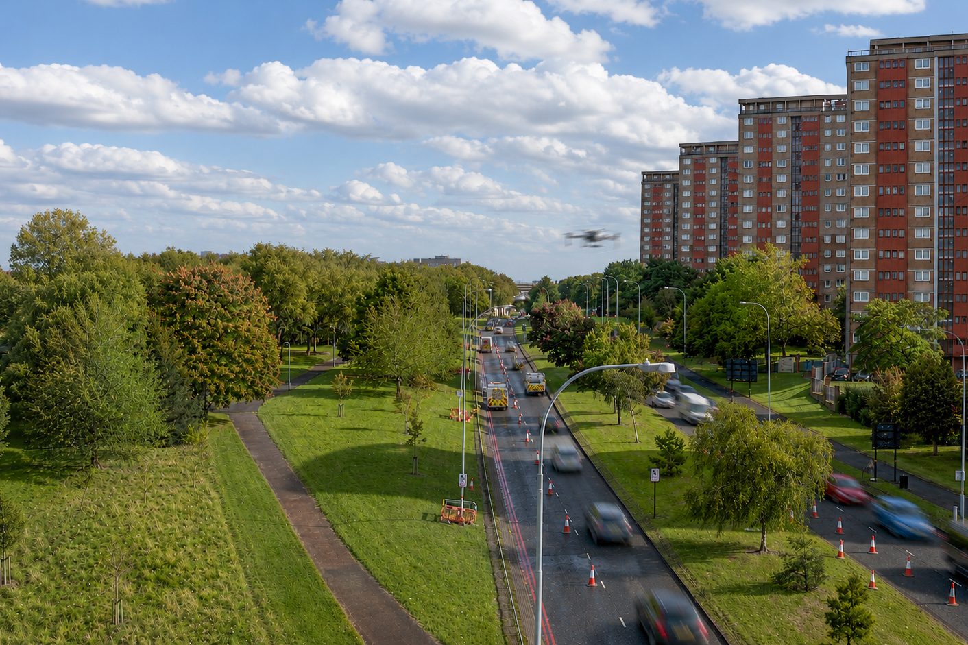 HDS operator flying a drone to inspect a highway street lighting column