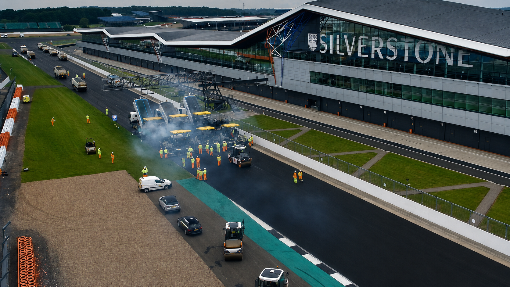 Sweeping aerial view of Tarmac laying the finished asphalt through a Silverstone corner