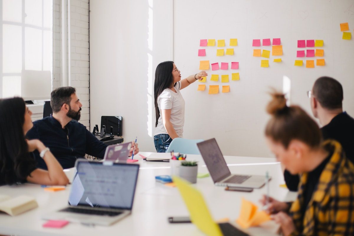 Team mapping a content strategy on post-it notes across a studio wall