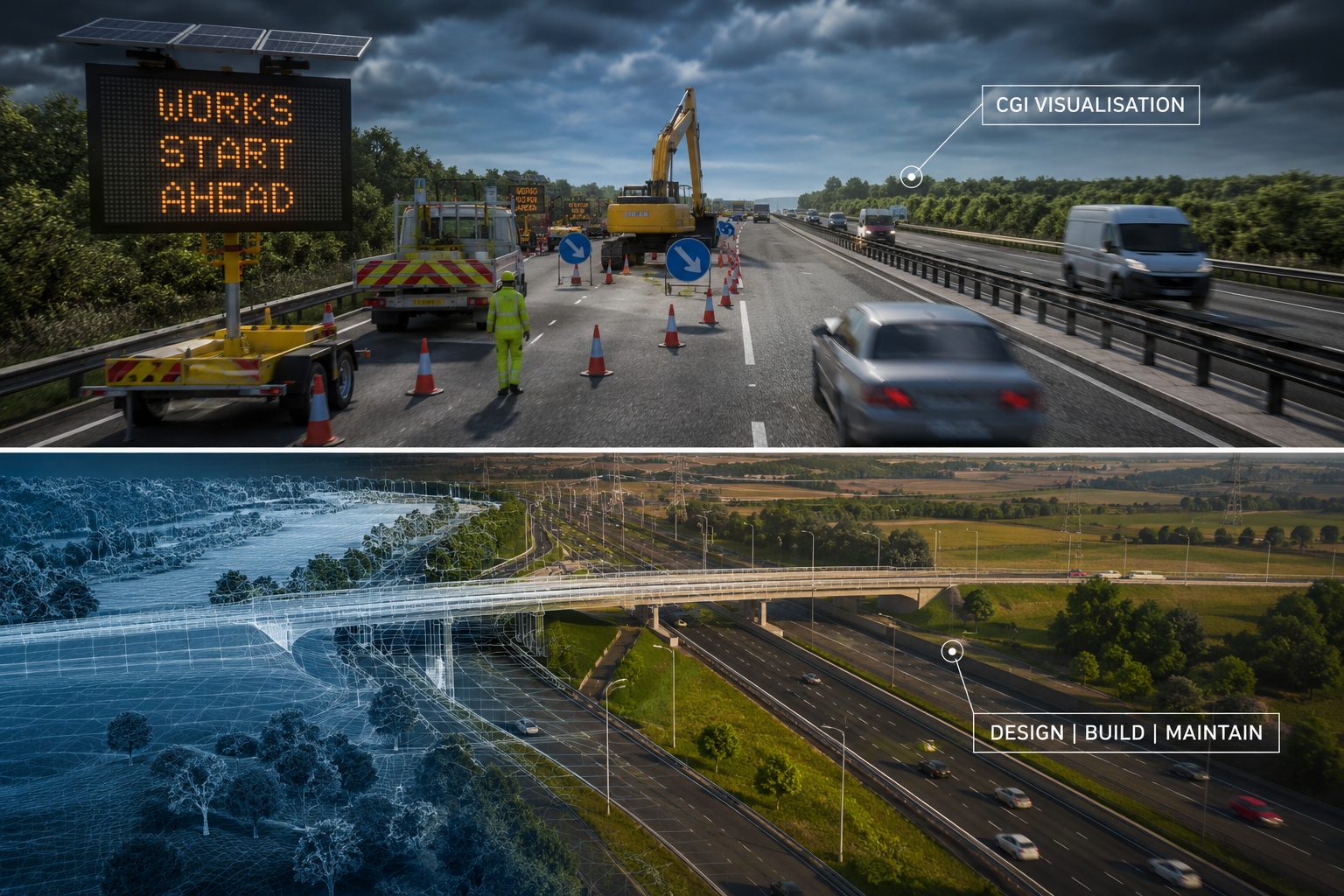 Split-frame CGI comparison showing live roadworks scene above and wireframe overpass model below