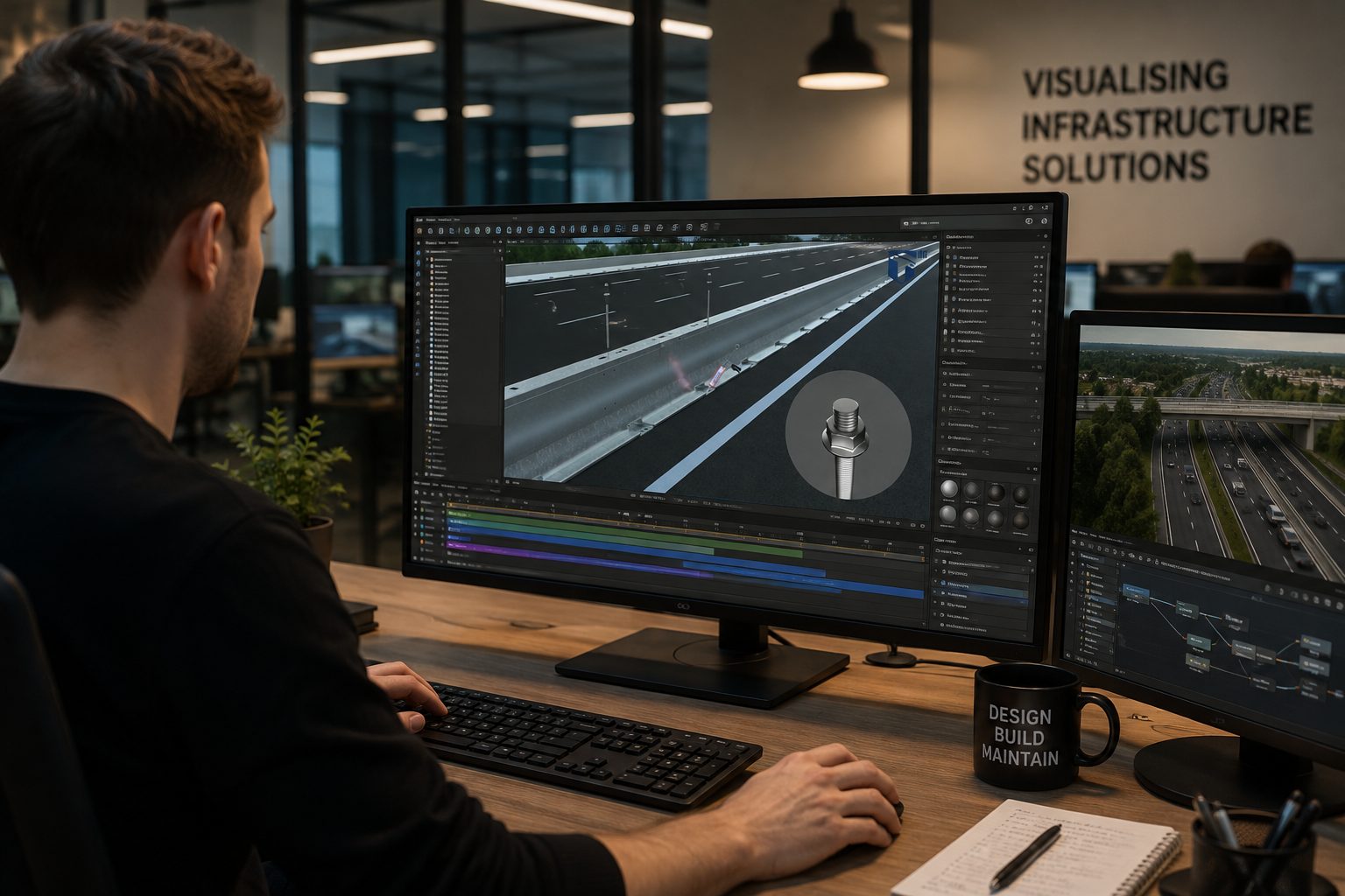 3D artist working on a highway visualisation inside a studio wall marked 'Visualising Infrastructure Solutions'