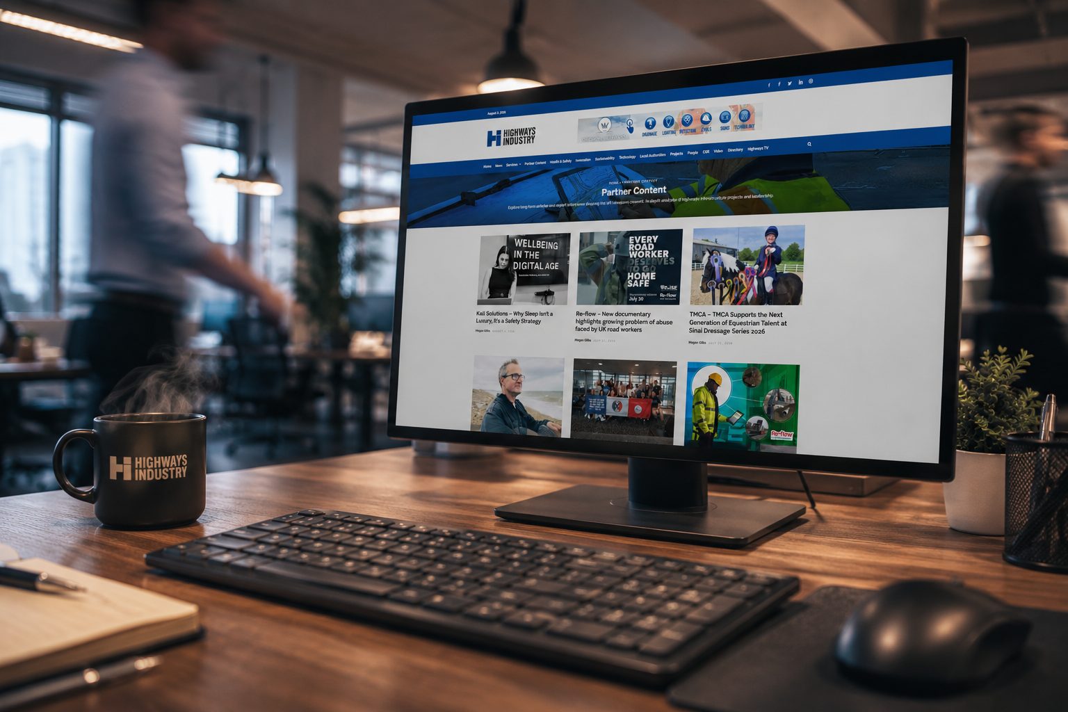Close-up of a monitor displaying HighwaysIndustry.com Partner Content articles and features