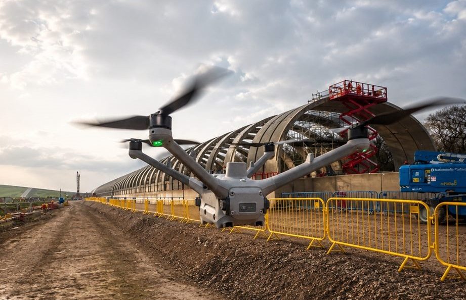 DJI drone shot of an HS2 arched viaduct under construction