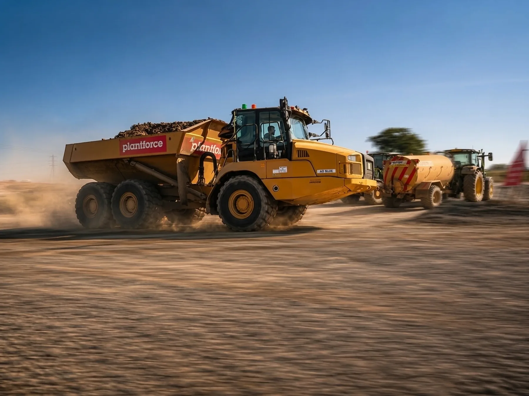 Plantforce articulated dump truck kicking up dust in convoy with earthworks plant