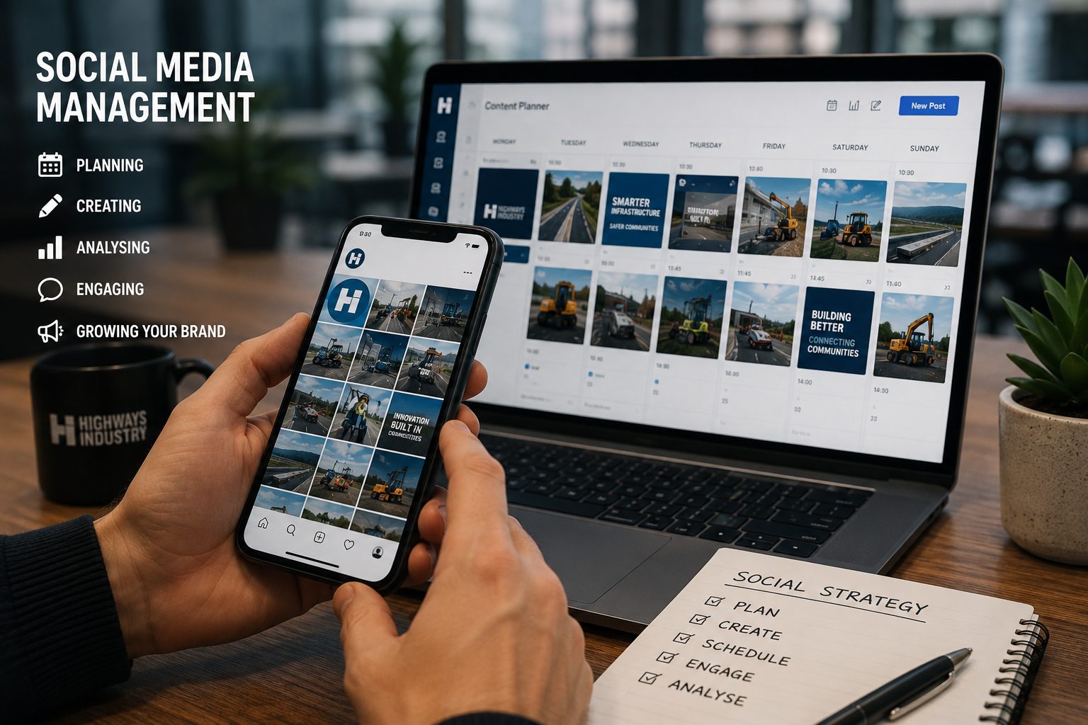 Social media content planner open on a laptop while a phone shows the finished Instagram grid