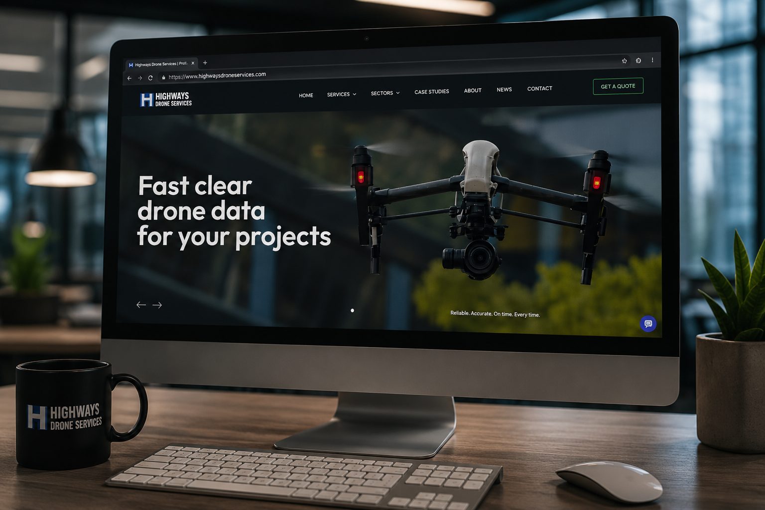 Highways Drone Services website homepage displayed on a large desktop screen with the strapline 'Fast clear drone data for your projects'