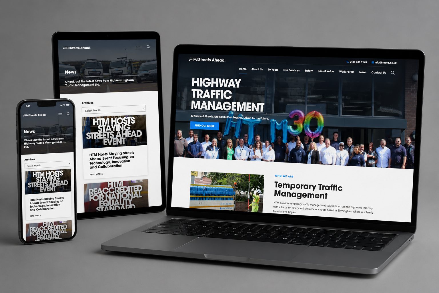 Highway Traffic Management (HTM) Streets Ahead website shown across laptop, tablet and mobile in a responsive layout